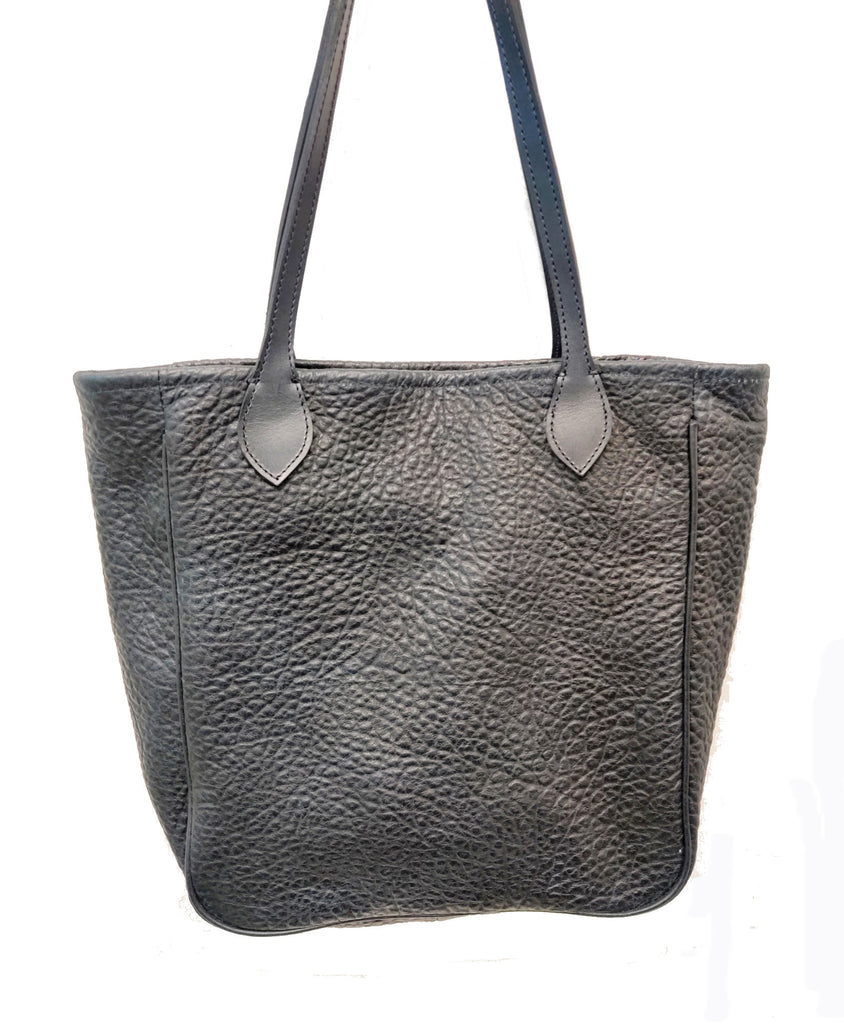 #3500  Cibolo American Bison medium tote  with Gussets , Piping and YKK zip closure. Color: Black Cobblestone. Dimensions: 12.5 " H x 15" L x 4" D