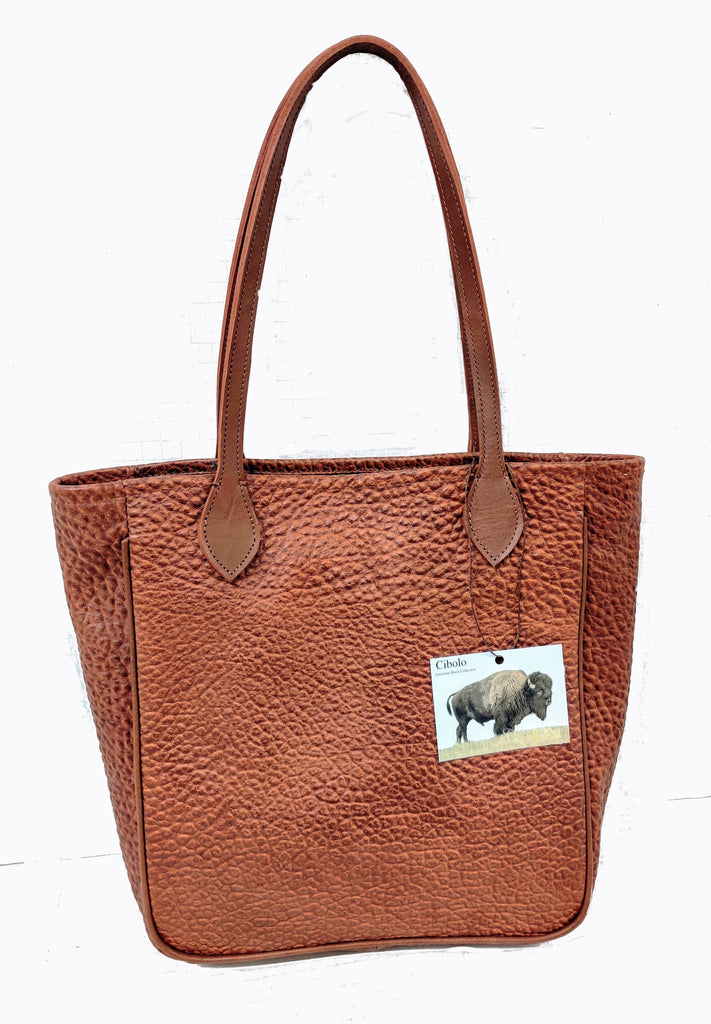 #3500 Cinnamon  Tote in American Bison Features Gussets and American Bridle Leather Piping. Dimensions: 12.5 " H x 15" L x 4" D