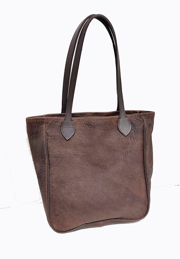 #3500 Comanche Brown American Bison Medium Tote  Features Gussets and American Bridle Leather Piping (Welting Cord)   Dimensions:12.5" H x 15" W x 4" D"